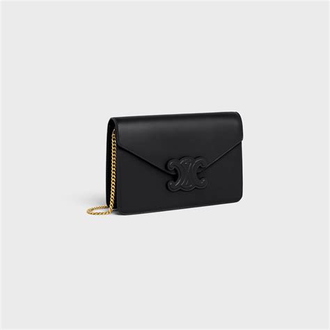 celine wallet on chain triomphe in shiny calfskin black|Celine on chain triomphe wallet.